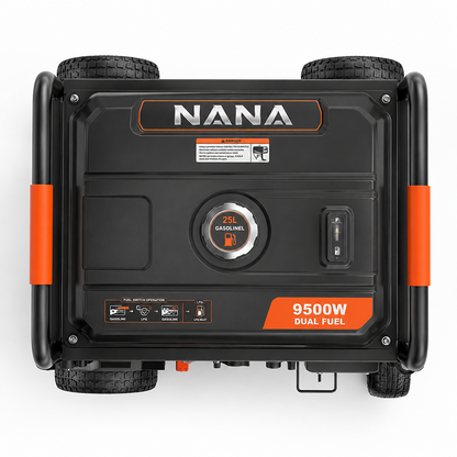 Casavibeo Nana Hardware PowerMax 9500W dual fuel generator with engine and control panel, ready for outdoor use.