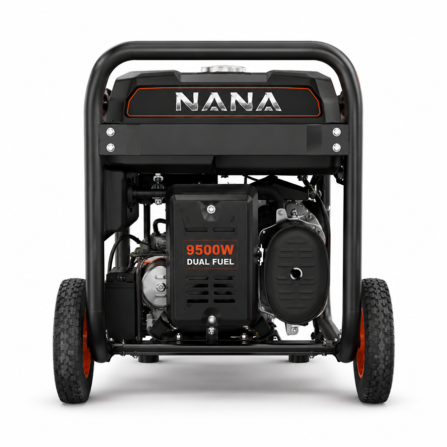 Casavibeo Nana Hardware PowerMax 9500W dual fuel generator with durable metal frame and control panel, ideal for backup power needs.