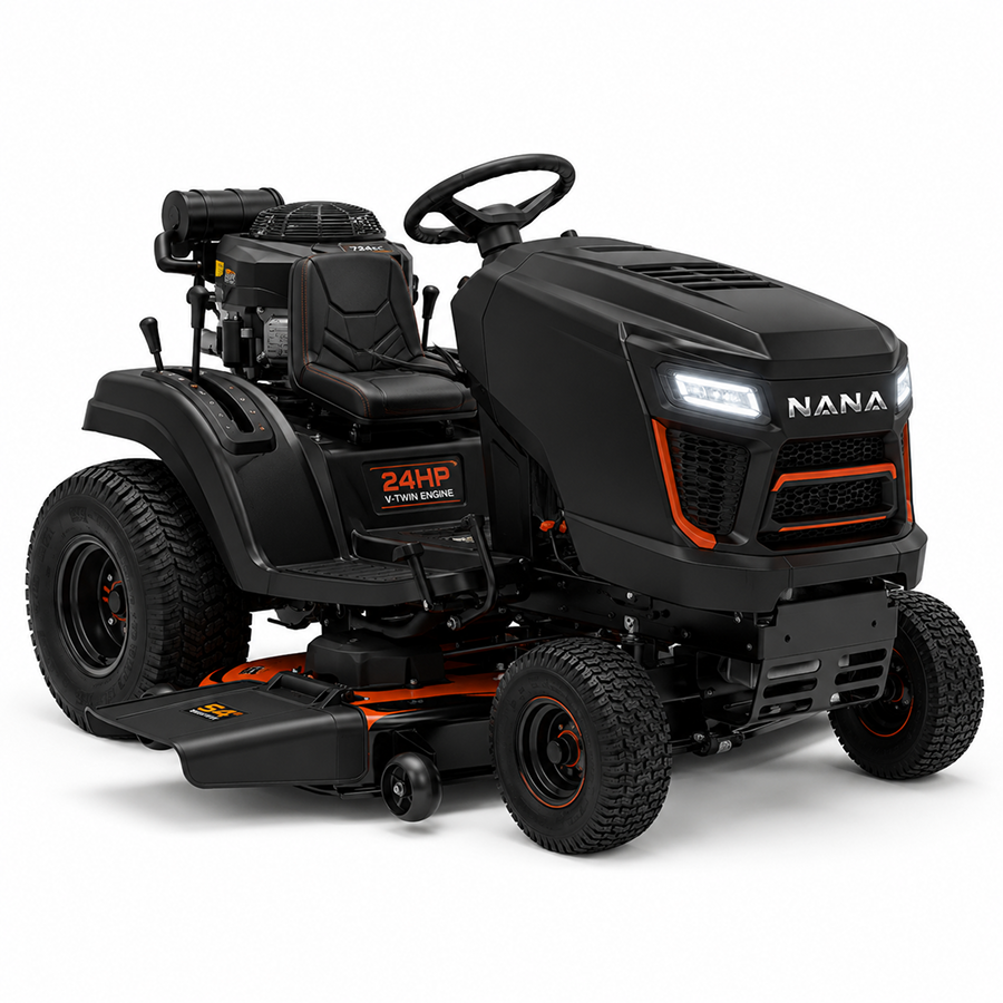 Casavibeo Nana Hardware TurfMaster 24HP riding lawn mower with large cutting deck and comfortable seat, ready for yard work.