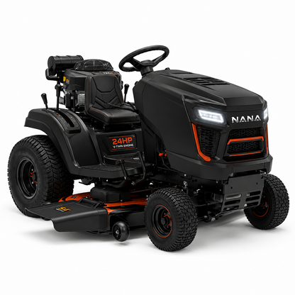 Casavibeo Nana Hardware TurfMaster 24HP riding lawn mower with large cutting deck and comfortable seat, ready for yard work.