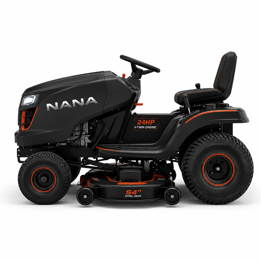 Casavibeo Nana Hardware TurfMaster 24HP riding lawn mower with large cutting deck and comfortable seat, ideal for lawn maintenance.