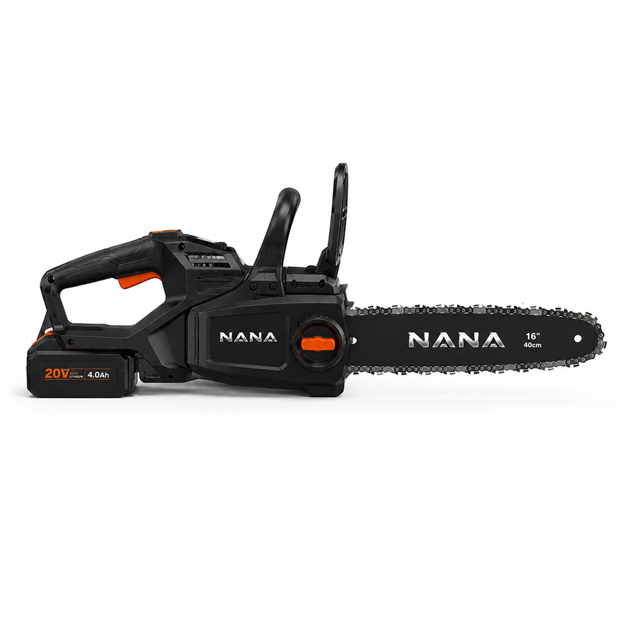 Casavibeo Nana Hardware CutForce 20V cordless chainsaw with 16-inch bar, showcasing its compact design and blade in action.