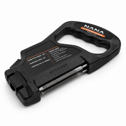 Casavibeo Nana Hardware CutForce 20V cordless chainsaw with 16-inch bar, shown in use with a person cutting wood outdoors.