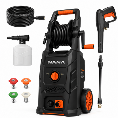 Casavibeo Nana Hardware AquaForce electric pressure washer with 2300 PSI, featuring a compact design and multiple spray nozzles.