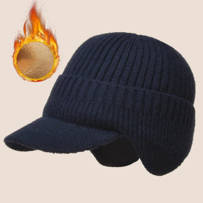 Navy Belro men's knit ear cover winter hat with built-in ear flaps, cozy and warm for cold weather.
