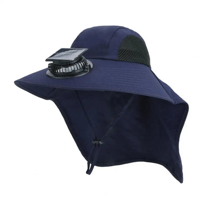 Navy blue solar fan hat with wide brim and UV protection, Belro sun hat designed for outdoor sun protection and cooling.