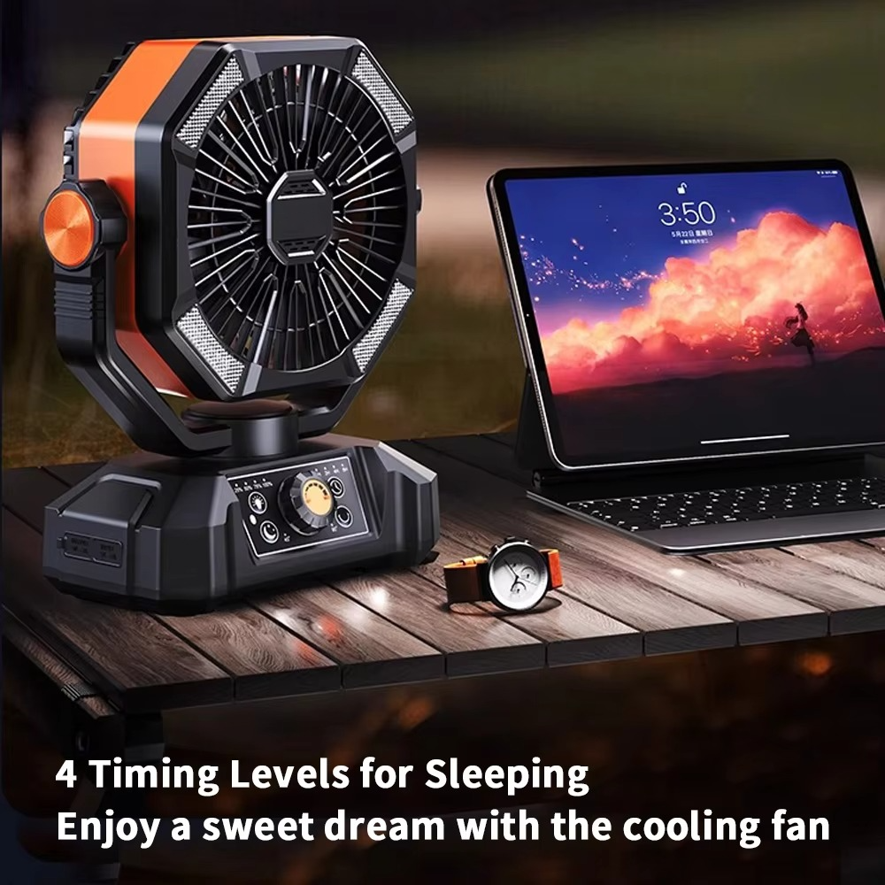 Belro portable camping cooling fan with adjustable blades and handle for outdoor use, ideal for camping and outdoor activities.