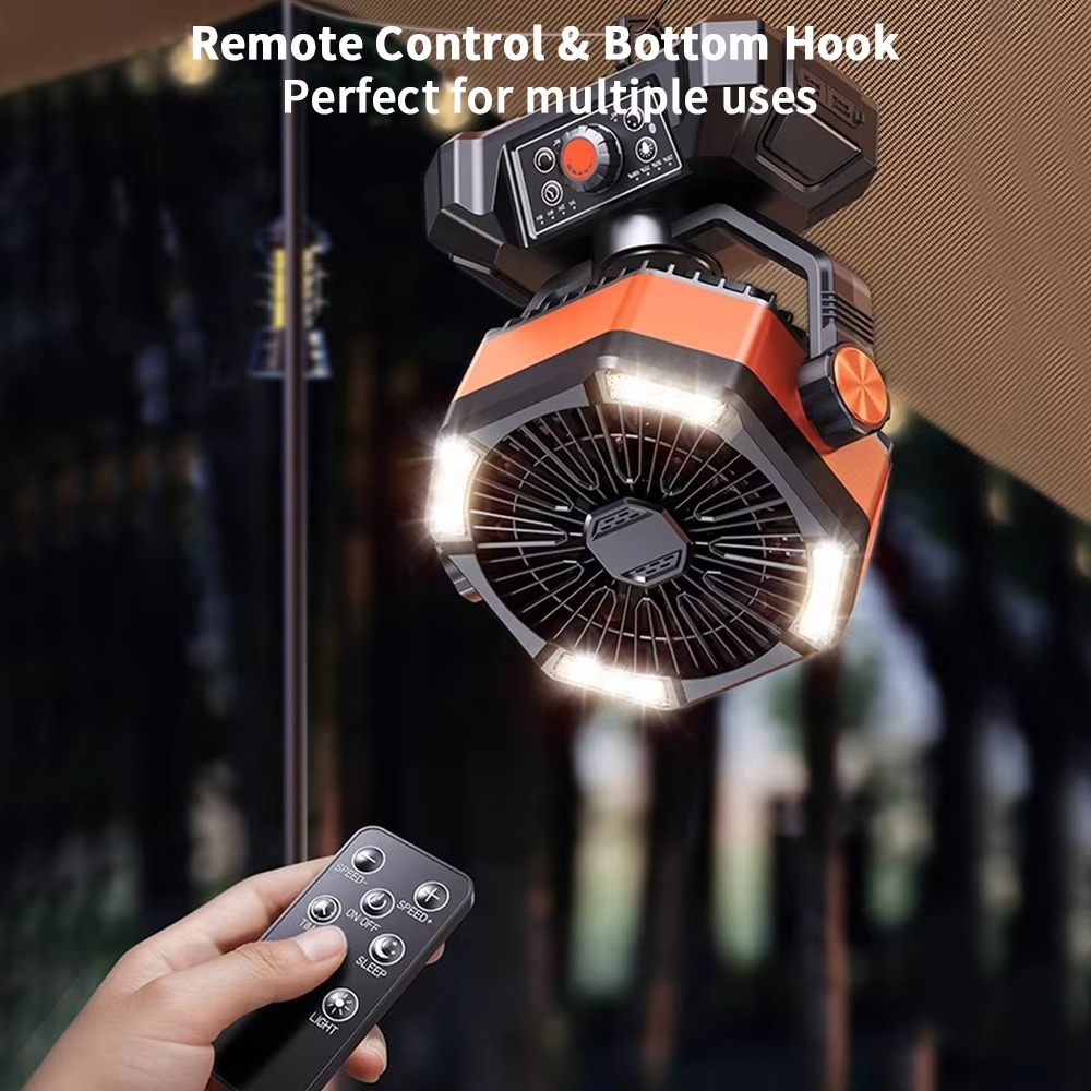 Belro portable camping cooling fan shown outdoors, compact and lightweight for outdoor cooling and comfort during camping trips.