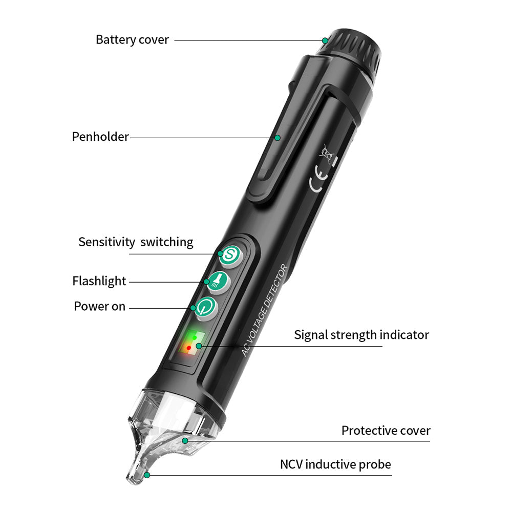 Belro non-contact voltage tester for electronics, showing the device with LED indicators and testing tips.