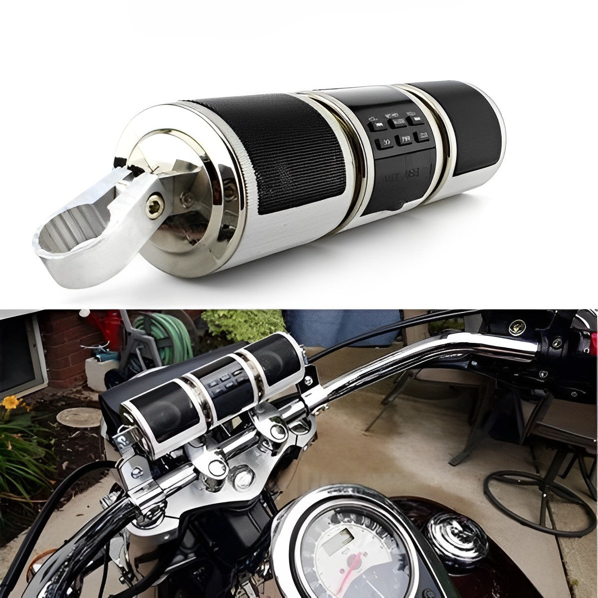 Belro motorcycle Bluetooth speakers mounted on a motorcycle handlebar, compact electronic audio speakers for rider communication.
