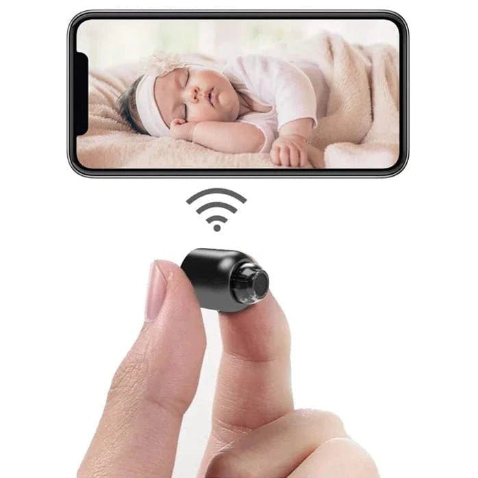 Mini BowLift wireless security camera with HD night vision showing a small, sleek surveillance device in a home setting.