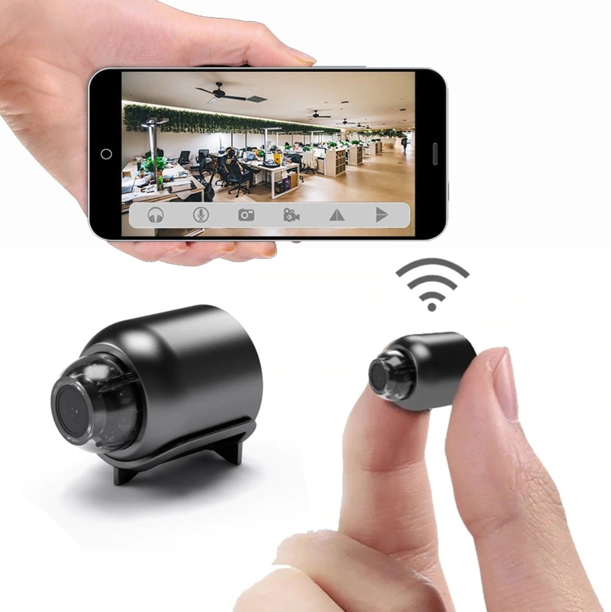 Small wireless security camera with HD night vision, showing a compact design with enhanced low-light surveillance capabilities.