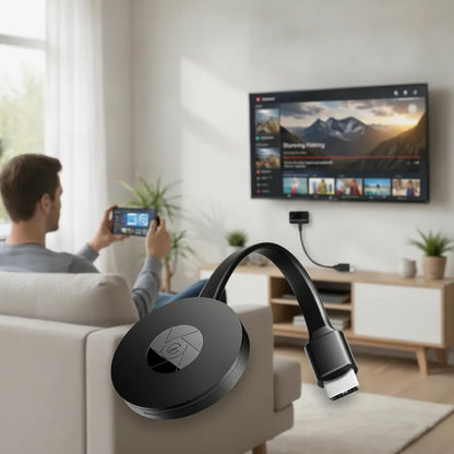 Mivoza wireless screen mirror adapter connected to a TV, displaying 1080P streaming and screen synchronization on a large display.