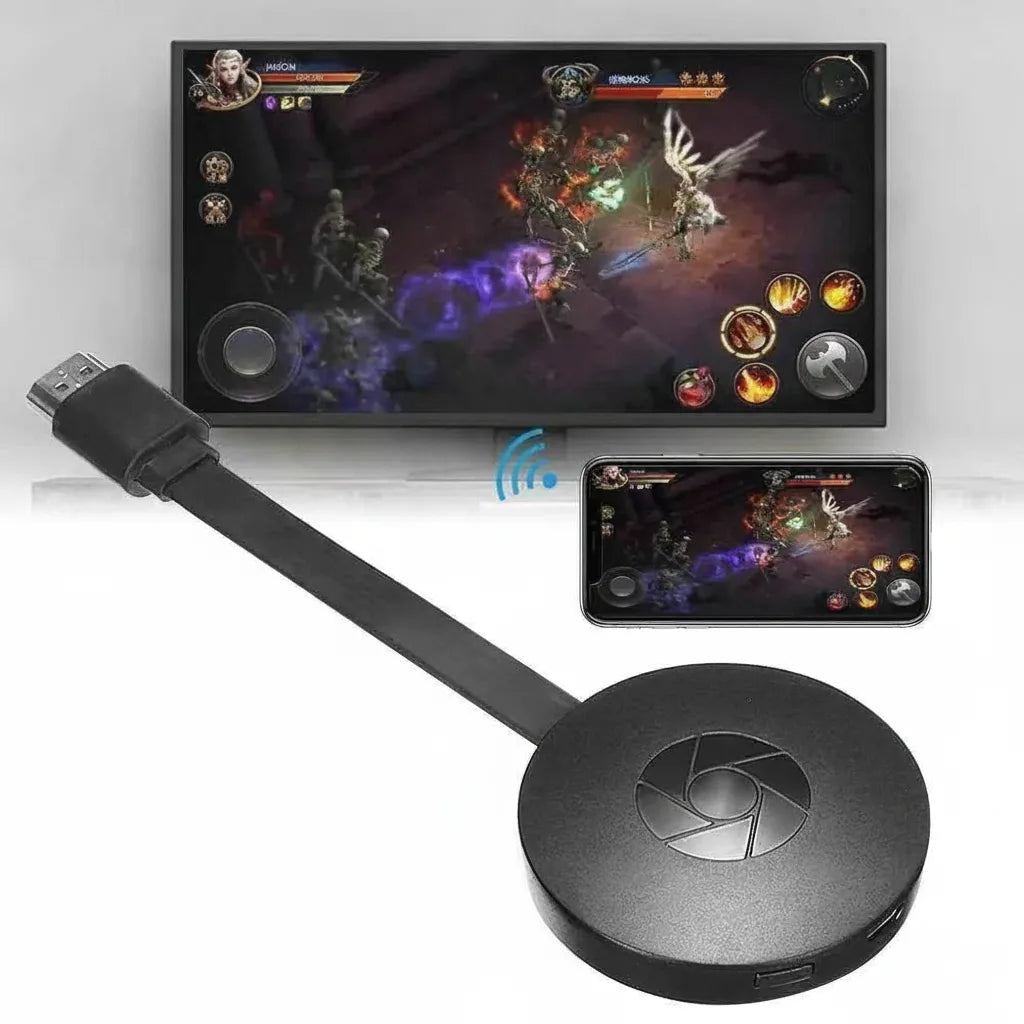 Mivoza wireless screen mirror adapter for 1080P streaming, showing a TV with a connected device and big screen display.