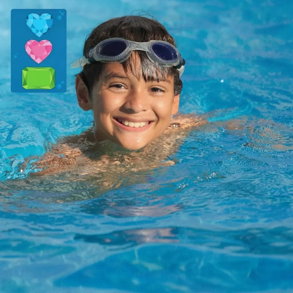 Colorful waterproof gems and treasure hunt cards for underwater pool game by Mivoza, designed for family fun and diving adventure.