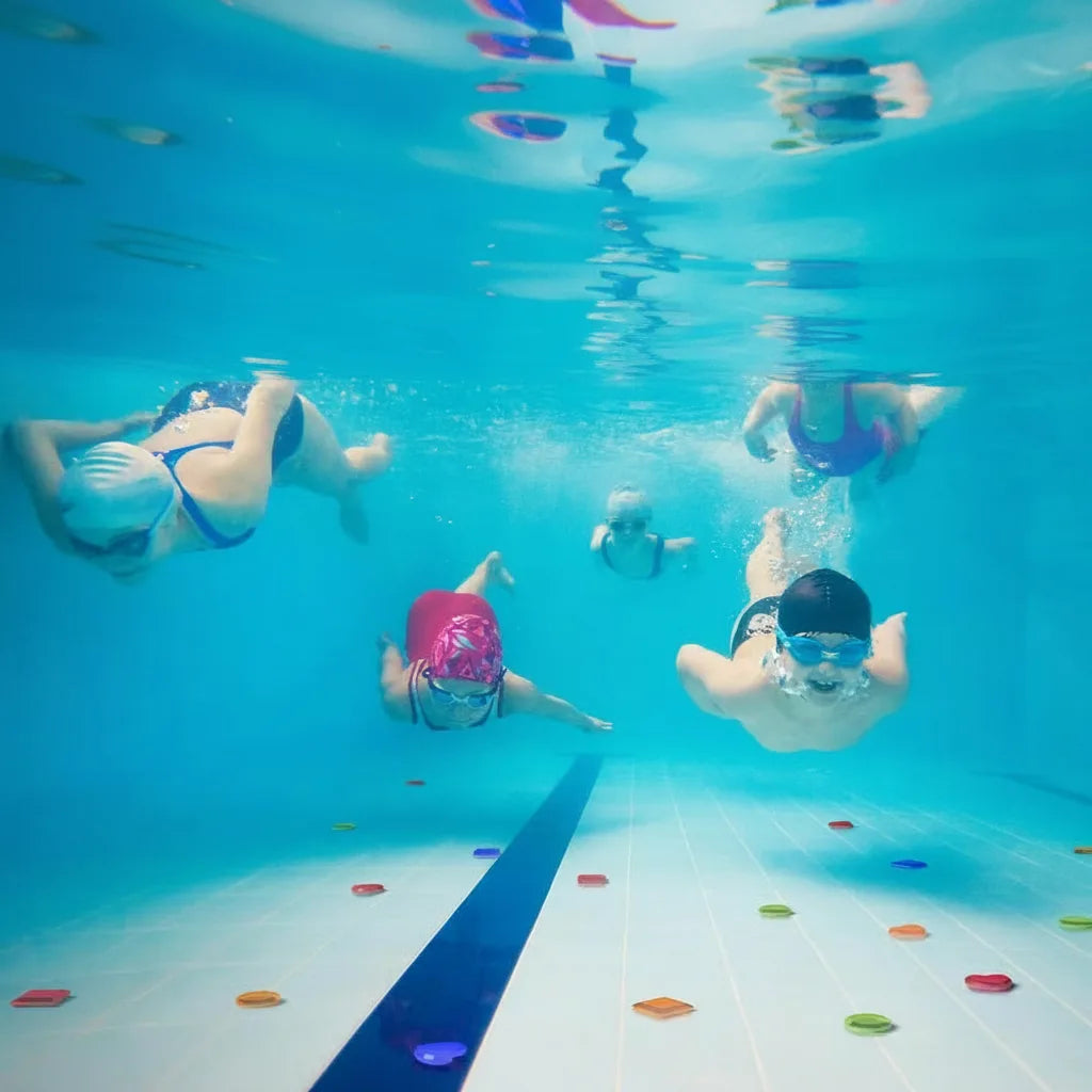 Colorful waterproof gems and treasure cards for underwater pool treasure hunt game by Mivoza, ideal for family water play.