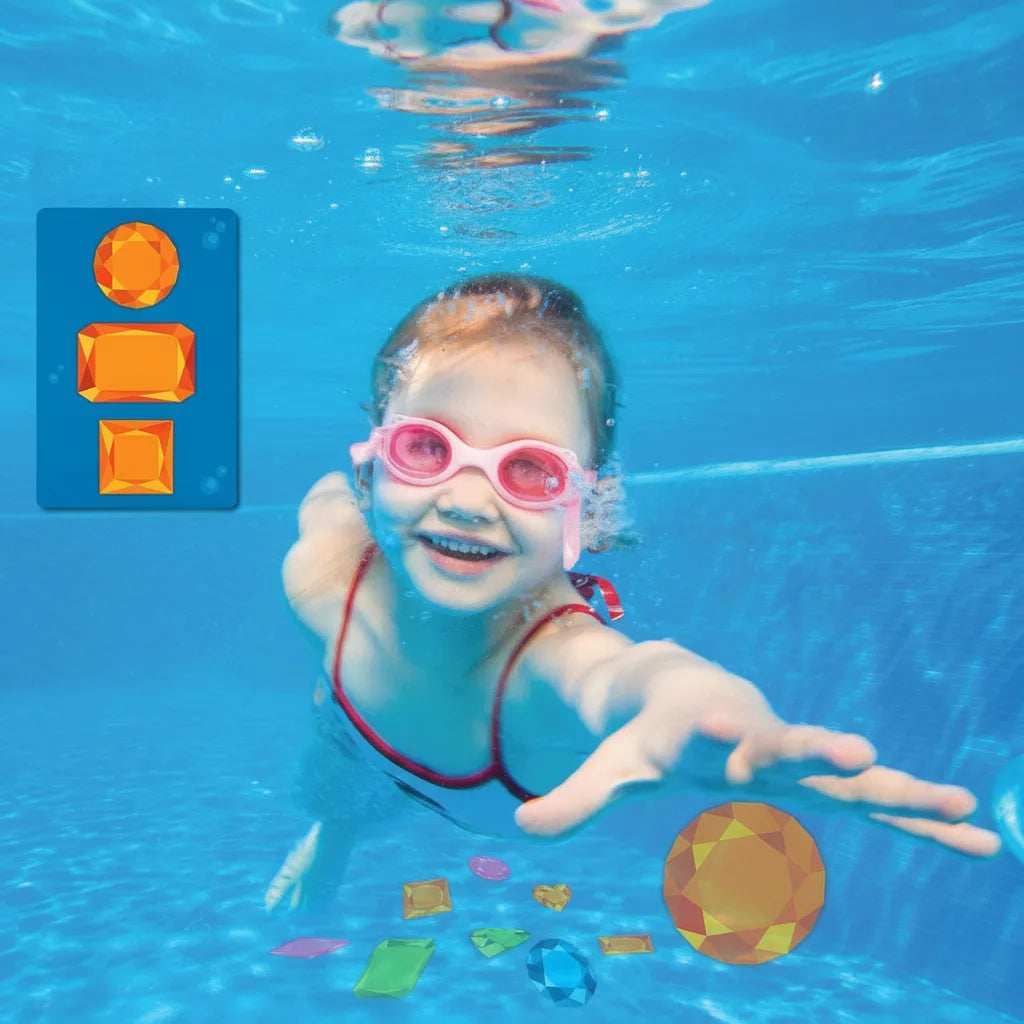 Colorful waterproof gems and cards for underwater pool treasure hunt game by Mivoza, designed for outdoor water play and family fun.