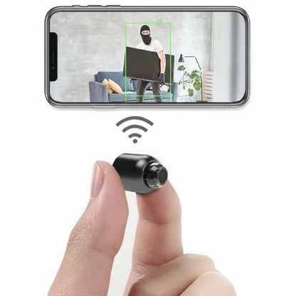 Mivoza Mini WiFi security camera showing 1080P HD lens, night vision, and motion detection features in a compact black design