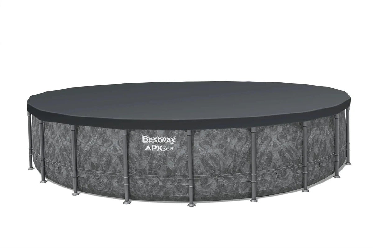 Casavibeo Bestway APX 365 22-foot round above ground swimming pool with pump and ladder set, filled with clear water and pool accessories.