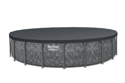 Casavibeo Bestway APX 365 22-foot round above ground swimming pool with pump and ladder set, filled with clear water and pool accessories.