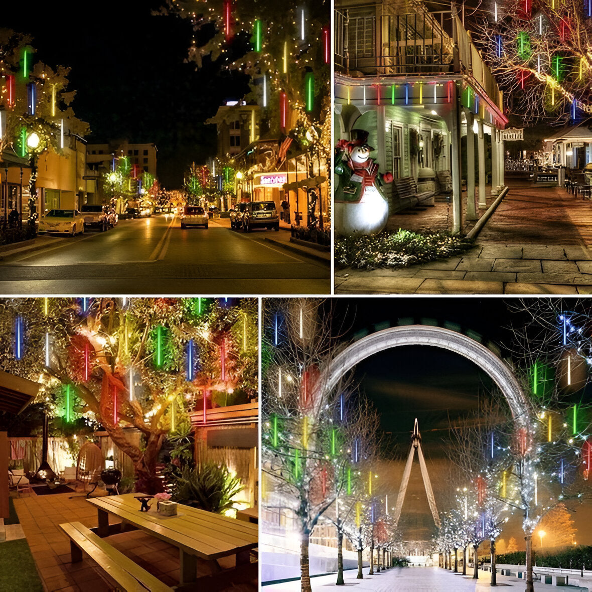 Belro Snowfall Garland Lights set of 8 outdoor decorative string lights on a garden fence, creating a festive winter ambiance.