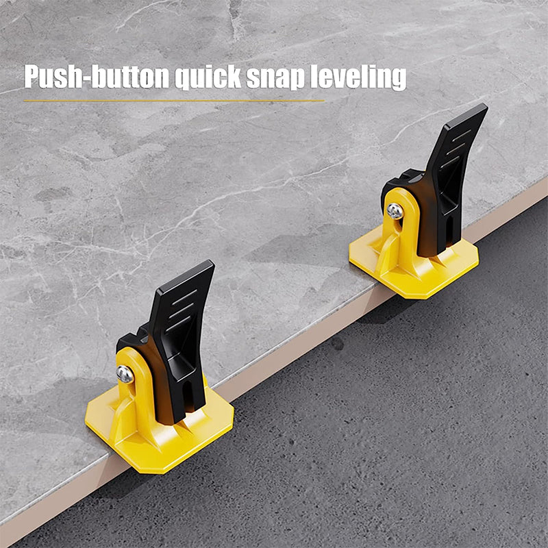 Belro Tile Levelling System tools and hardware for precise tile installation, showing leveling clips and wedges in use.