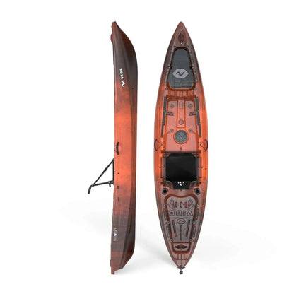 Yellow Casavibeo Vibes Kayaks Yellowfin 120 kayak with orange and black accents, shown from the side on a calm lake.