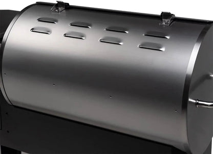 Casavibeo Recteq Patio Legend 400 pellet smoker grill with stainless steel exterior and digital control panel.
