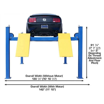 Atlas 414 4-Post Lift by Casavibeo showcasing sturdy steel posts and hydraulic lifting arms in a professional auto repair shop