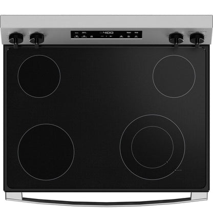 Casavibeo 30-inch freestanding electric range with black cooktop and control panel, modern kitchen appliance design.