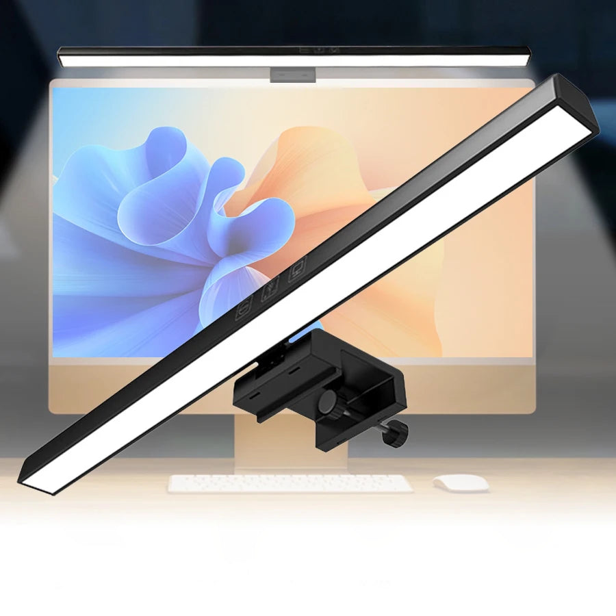 Belro LED monitor light bar attached to computer monitor, providing adjustable backlighting for enhanced visibility and workspace lighting