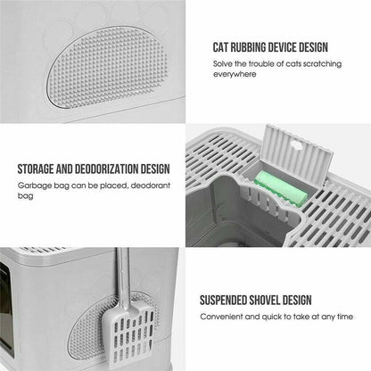 Belro cat litter box in a neutral color, designed for easy cleaning and odor control, suitable for indoor use.