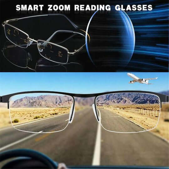 Mivoza progressive multifocal reading glasses with auto-adjusting lenses and blue light filter for clear vision and eye health.