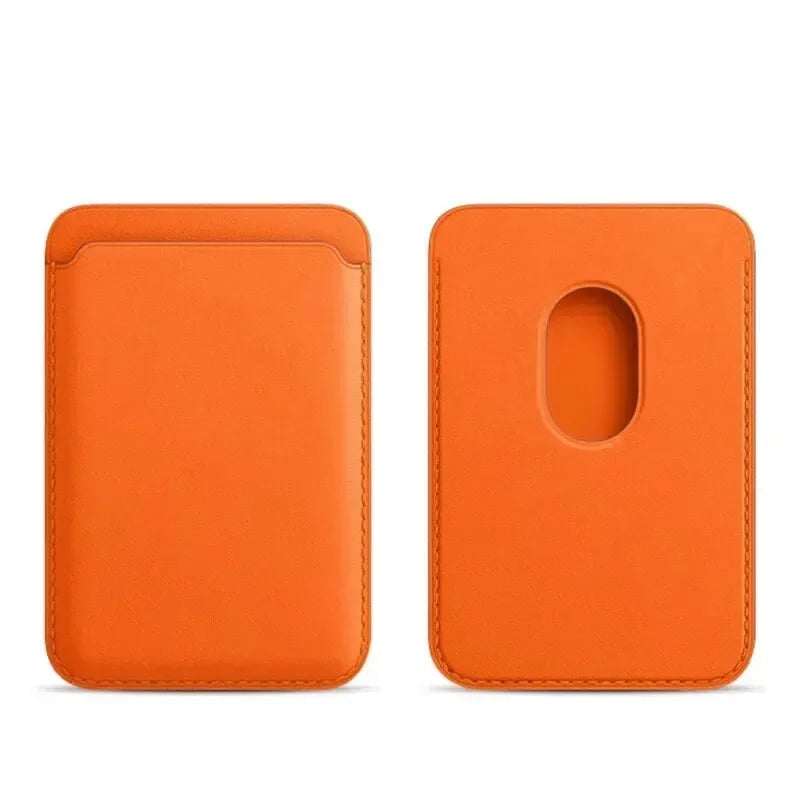 Orange Belro magnetic leather card holder wallet attached to an iPhone, featuring sleek design and compact storage for cards.