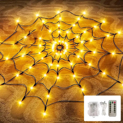 Belro Halloween spider web decoration with orange lights for outdoor home and garden Halloween decor.