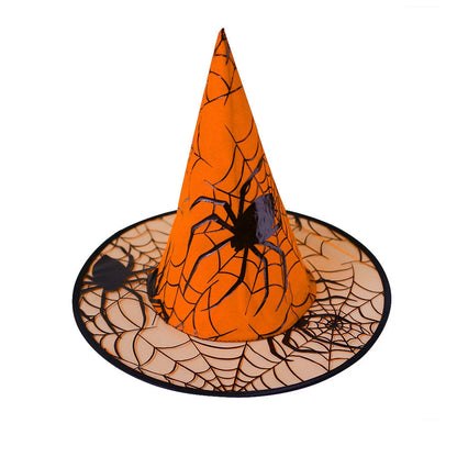 Orange Halloween witch hat with colorful spider web design, Belro costume accessory for spooky dress-up and Halloween festivities.