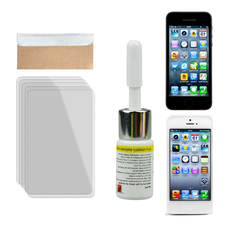 Belro phone screen crack repair kit with tools and adhesive for fixing cracked smartphone screens at home.