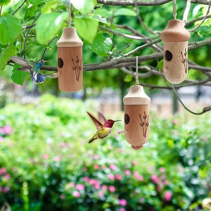 Wooden hummingbird house by Belro, natural wood decor for garden or home, perfect for bird lovers and outdoor decorating.