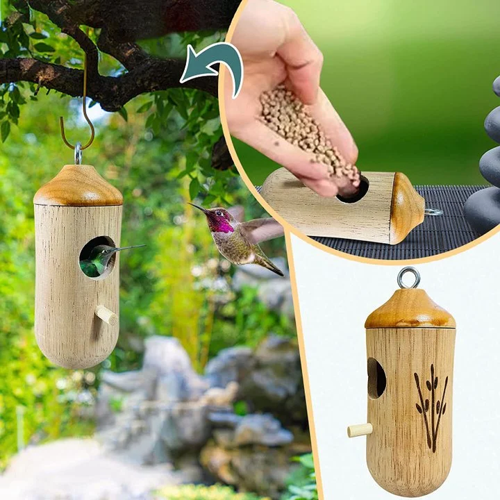 Wooden hummingbird house by Belro, natural wood finish, decorative birdhouse for garden or outdoor decor, ideal for bird lovers