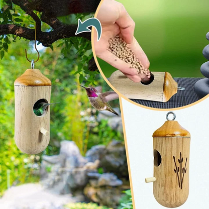 Wooden hummingbird house by Belro, natural wood finish, decorative birdhouse for garden or outdoor decor, ideal for bird lovers