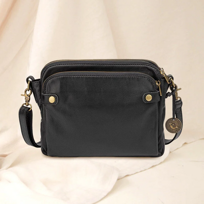 Belro three-layer leather crossbody bag and clutch with adjustable strap and multiple compartments for stylish organization.