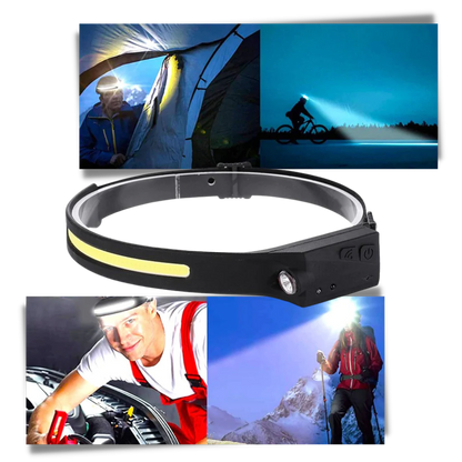 Belro rechargeable LED headlamp with adjustable straps and bright beam, ideal for outdoor or work lighting.