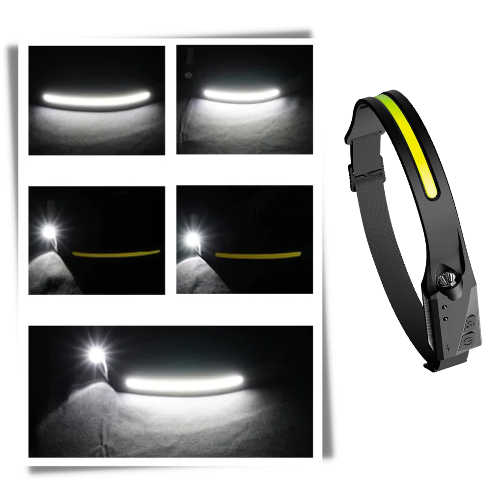 Belro rechargeable LED headlamp with adjustable straps and bright beam, suitable for outdoor activities and work lighting.