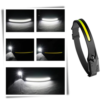 Belro rechargeable LED headlamp with adjustable straps and bright beam, suitable for outdoor activities and work lighting.