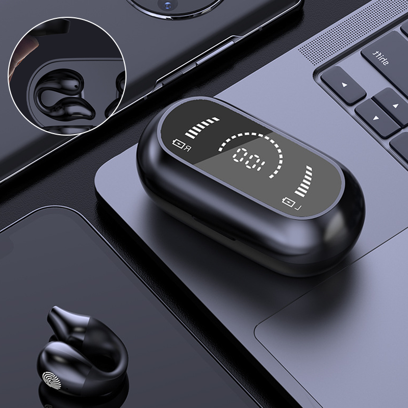 Wireless Belro bone conduction headphones with ear clip design, showing the sleek, open-ear audio device on a neutral background.