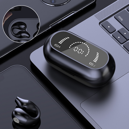 Wireless Belro bone conduction headphones with ear clip design, showing the sleek, open-ear audio device on a neutral background.
