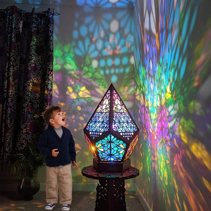 Belro Bohemian projection lamp night light with colorful, swirling patterns projecting ambient light for cozy room decor.