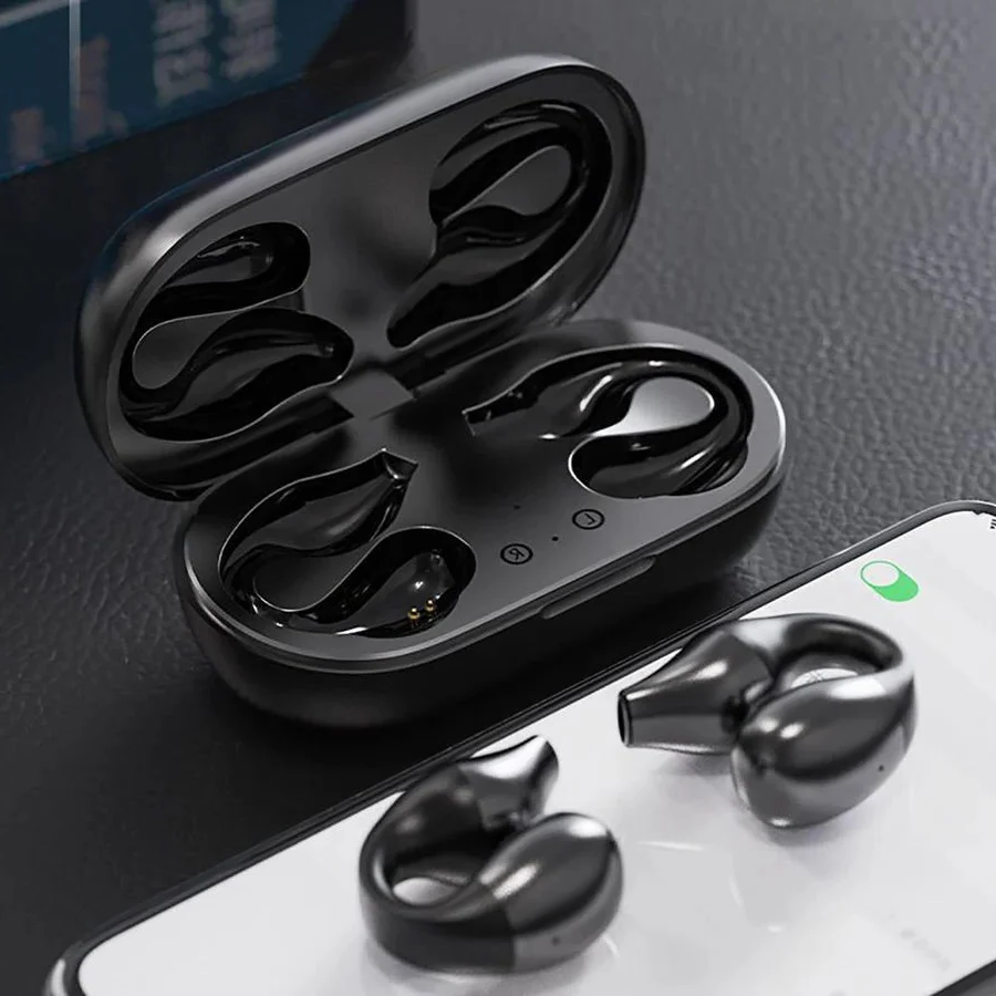 Belro wireless ear clip bone conduction headphones with black design, showing the ear hooks and open-ear audio setup.
