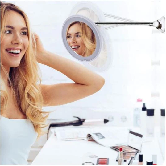 Belro 10X magnifying LED lighted flexible makeup mirror with adjustable arm for detailed beauty and skincare tasks.