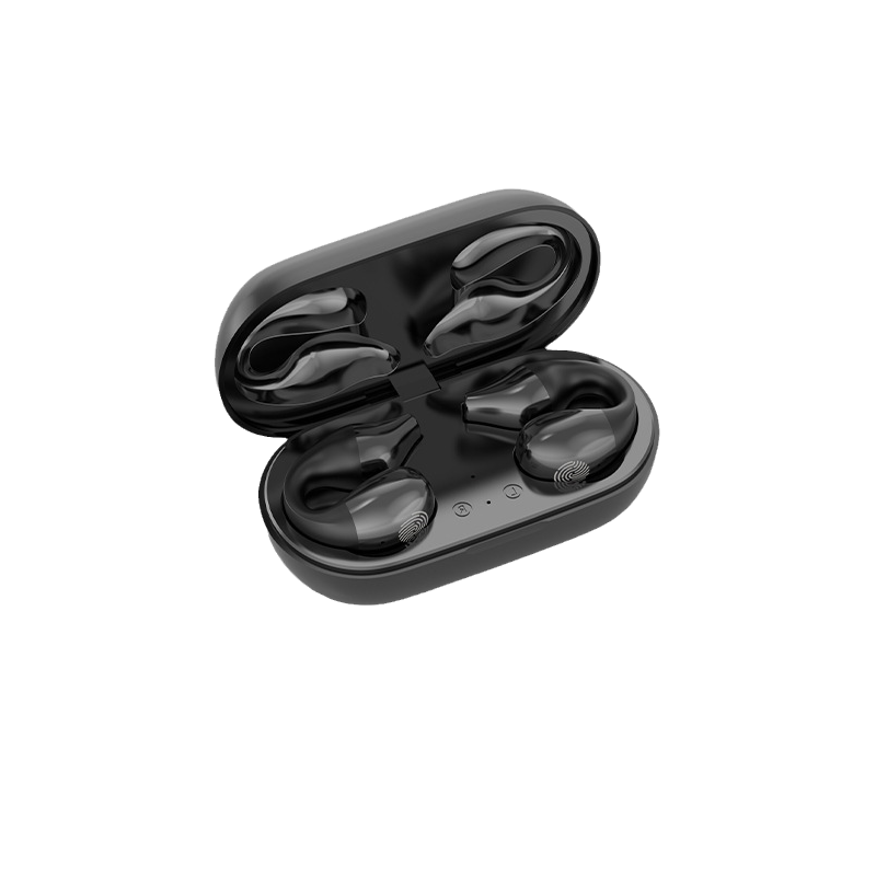 Belro wireless ear clip bone conduction headphones with open-ear design and adjustable fit, shown on a person wearing them.